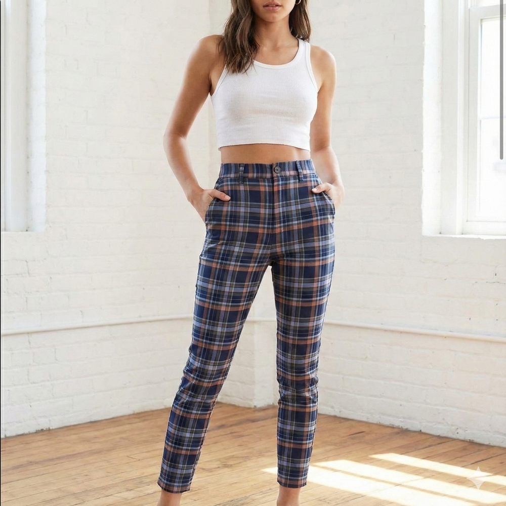 American Eagle Super Hi Rise Skinny Trousers Navy Plaid Size 2 Short